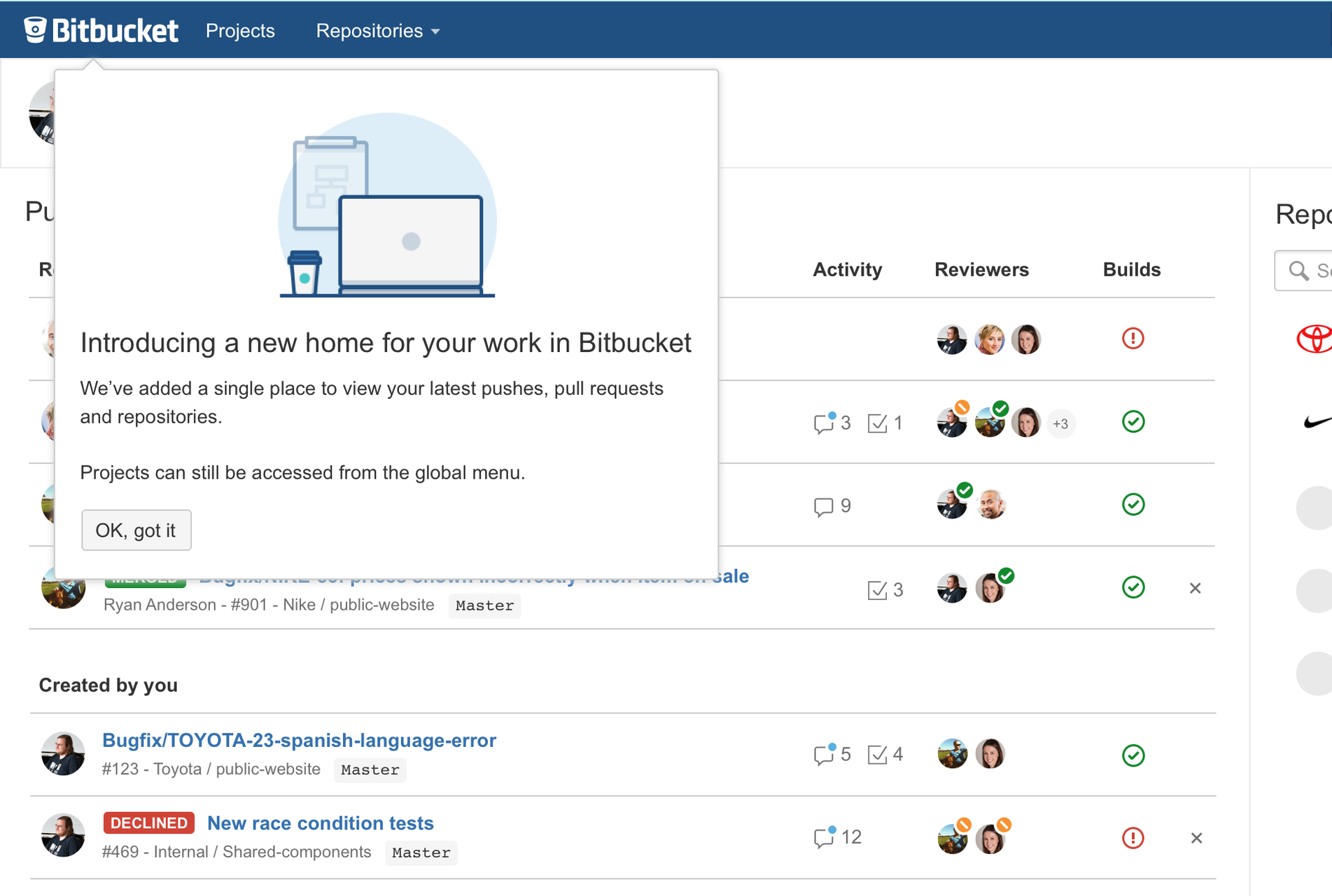 Feature discovery message on Bitbucket dashboard